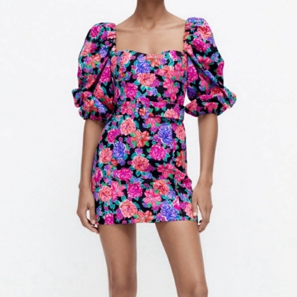 Zara Vibrant Floral Mini Dress with Puff Sleeves